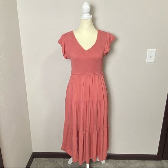 MEROKEETY Women's Flutter Sleeve Smocked Midi Dress V Neck Casual Tiered Size L - Picture 9 of 14